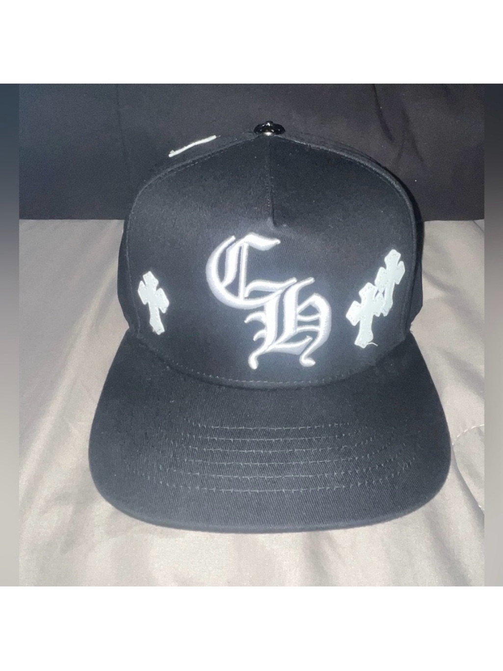 Black Chrome Hearts Cap Ch Snapback Hitch Hat With White Gothic Crosses All Over